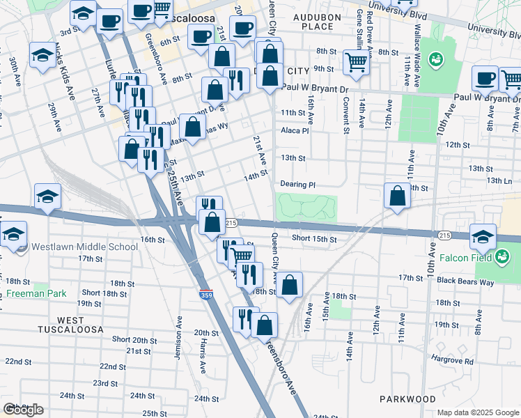 map of restaurants, bars, coffee shops, grocery stores, and more near 1427 22nd Avenue in Tuscaloosa