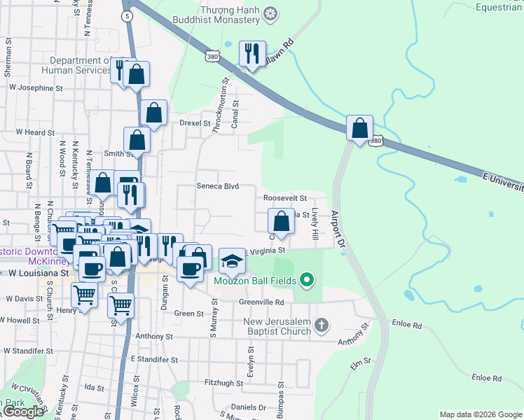 map of restaurants, bars, coffee shops, grocery stores, and more near 1003 Garcia Street in McKinney