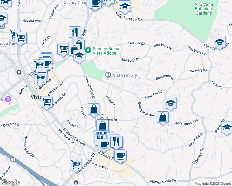 map of restaurants, bars, coffee shops, grocery stores, and more near 761 Eucalyptus Avenue in Vista