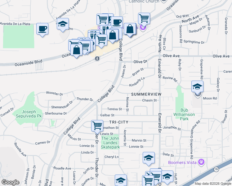 map of restaurants, bars, coffee shops, grocery stores, and more near 4132 Terry Street in Oceanside