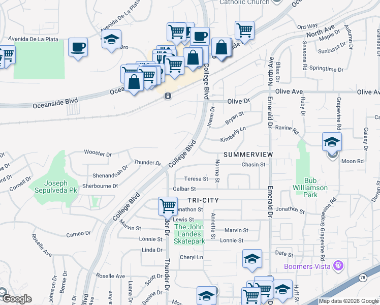 map of restaurants, bars, coffee shops, grocery stores, and more near 2622 Hope Street in Oceanside