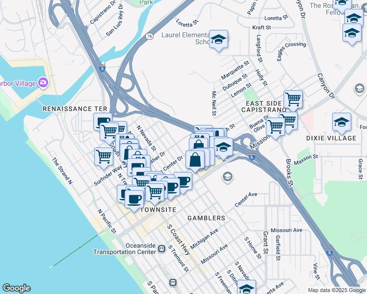 map of restaurants, bars, coffee shops, grocery stores, and more near 500 North Clementine Street in Oceanside