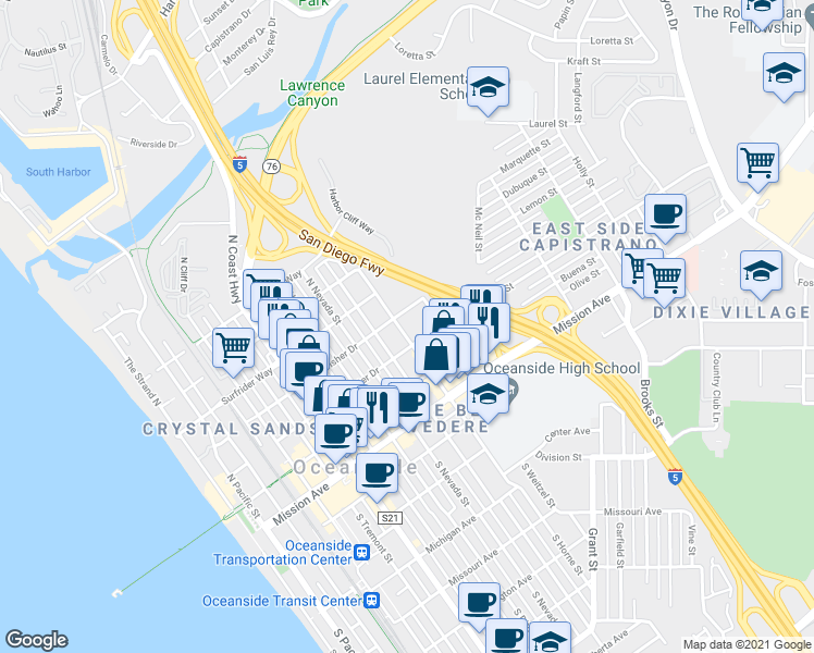 map of restaurants, bars, coffee shops, grocery stores, and more near 500 North Clementine Street in Oceanside