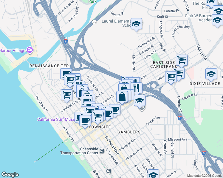 map of restaurants, bars, coffee shops, grocery stores, and more near 500 North Clementine Street in Oceanside