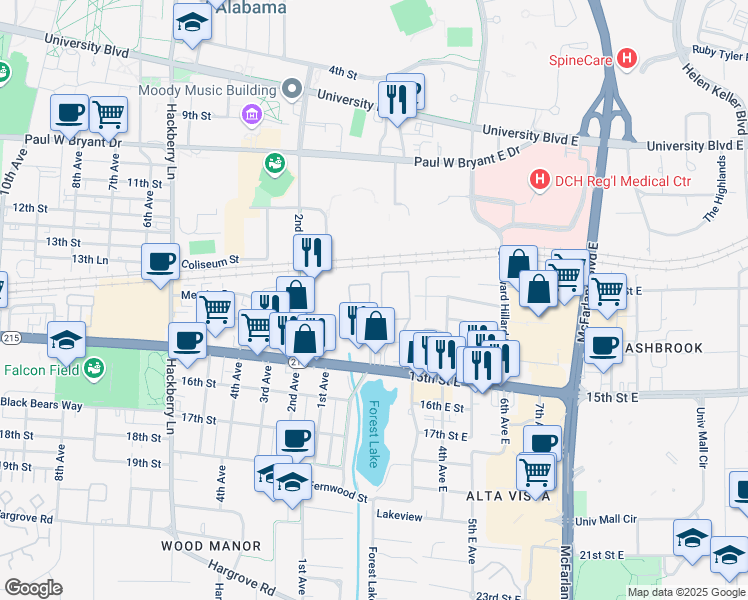 map of restaurants, bars, coffee shops, grocery stores, and more near 120 15th Street East in Tuscaloosa