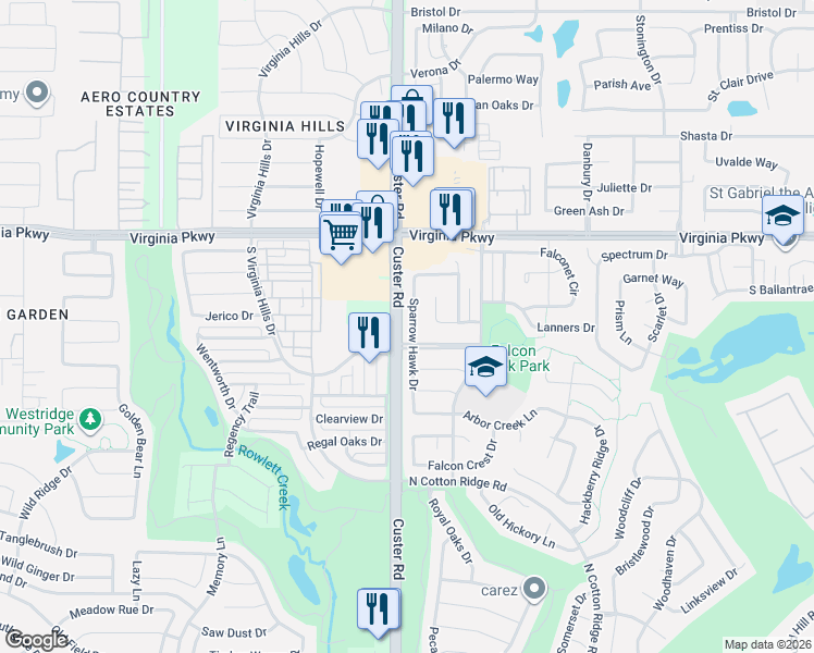 map of restaurants, bars, coffee shops, grocery stores, and more near 210 Sparrow Hawk Drive in McKinney