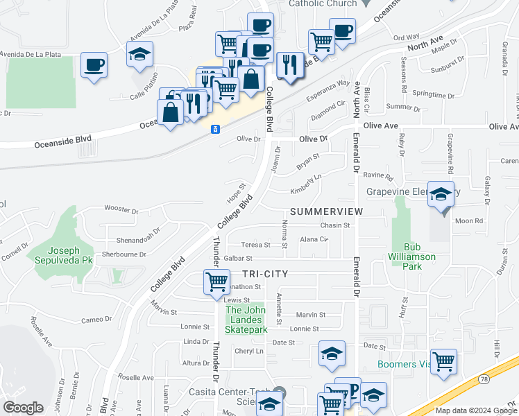 map of restaurants, bars, coffee shops, grocery stores, and more near 4121 Terry Street in Oceanside
