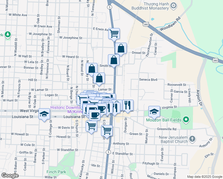 map of restaurants, bars, coffee shops, grocery stores, and more near 570 West Lamar Street in McKinney