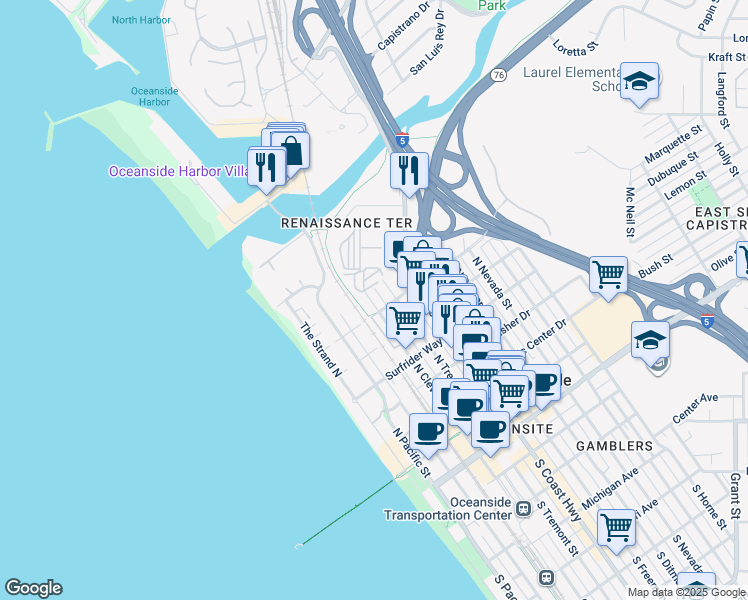 map of restaurants, bars, coffee shops, grocery stores, and more near 812 North Cleveland Street in Oceanside