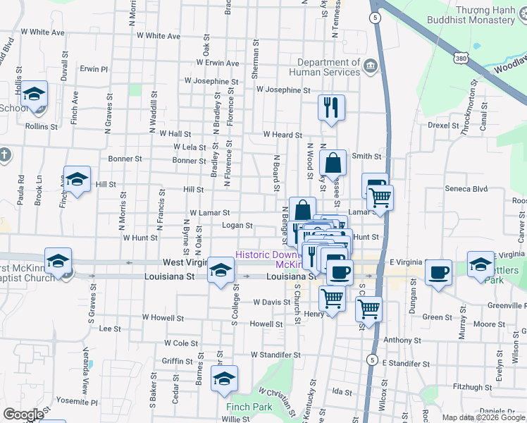 map of restaurants, bars, coffee shops, grocery stores, and more near 600 West Lamar Street in McKinney