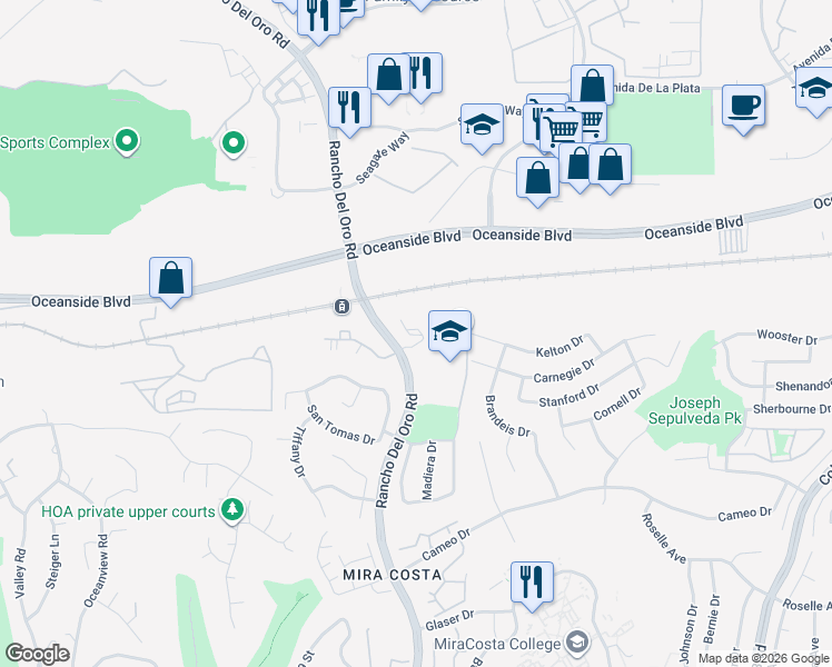 map of restaurants, bars, coffee shops, grocery stores, and more near 102 Sea Cliff Way in Oceanside