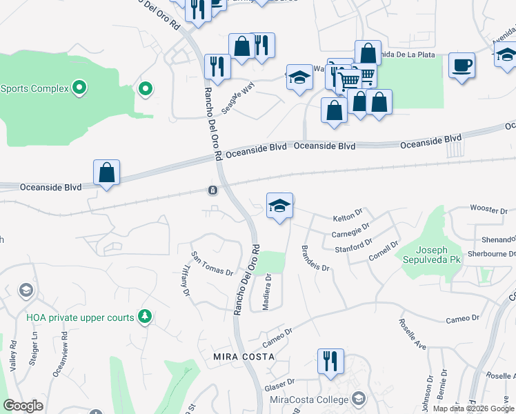 map of restaurants, bars, coffee shops, grocery stores, and more near 407 Sea Cliff Way in Oceanside