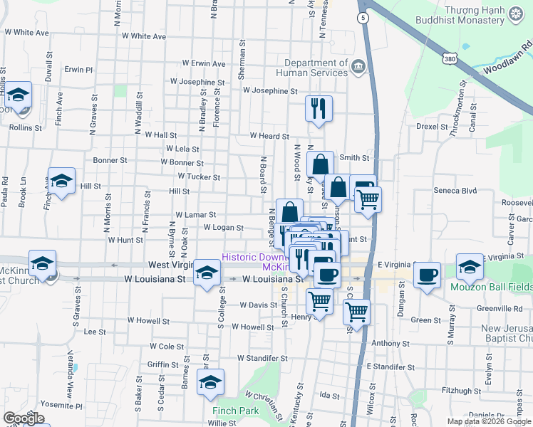 map of restaurants, bars, coffee shops, grocery stores, and more near 426 West Lamar Street in McKinney