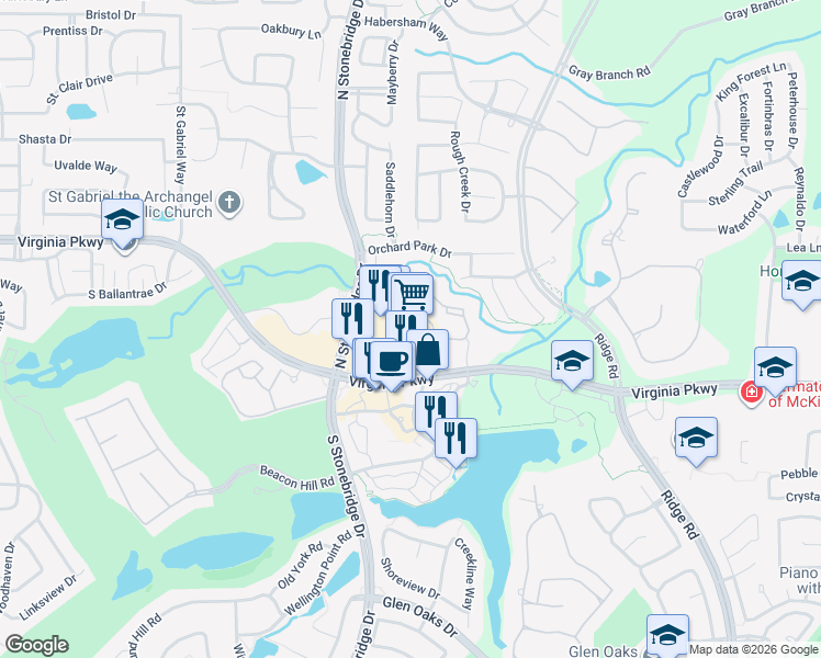 map of restaurants, bars, coffee shops, grocery stores, and more near 6800 Virginia Parkway in McKinney