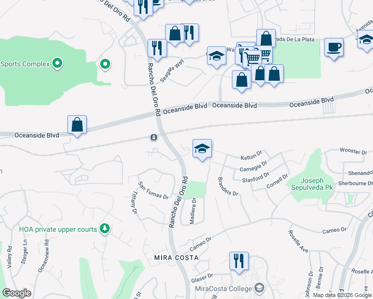 map of restaurants, bars, coffee shops, grocery stores, and more near 102 Sea Cliff Way in Oceanside
