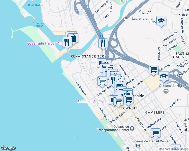 map of restaurants, bars, coffee shops, grocery stores, and more near 812 North Cleveland Street in Oceanside