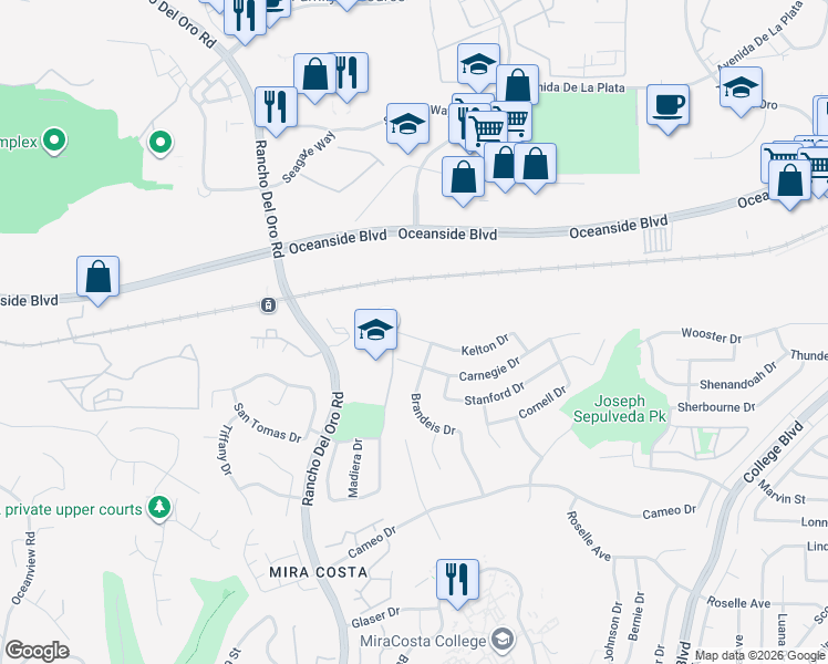 map of restaurants, bars, coffee shops, grocery stores, and more near 3726 Kelton Drive in Oceanside