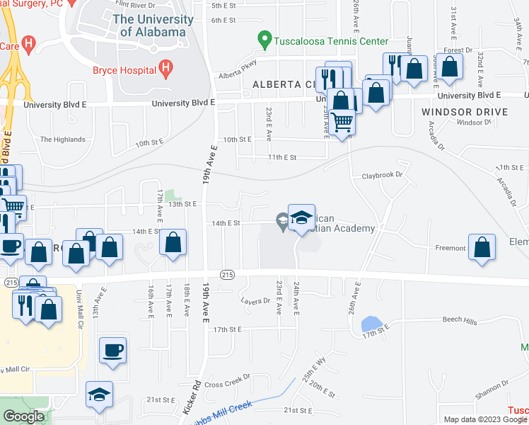 map of restaurants, bars, coffee shops, grocery stores, and more near 1311 Royal Oaks Court in Tuscaloosa