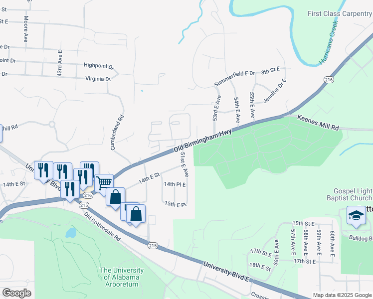 map of restaurants, bars, coffee shops, grocery stores, and more near 1209 51st Avenue East in Tuscaloosa