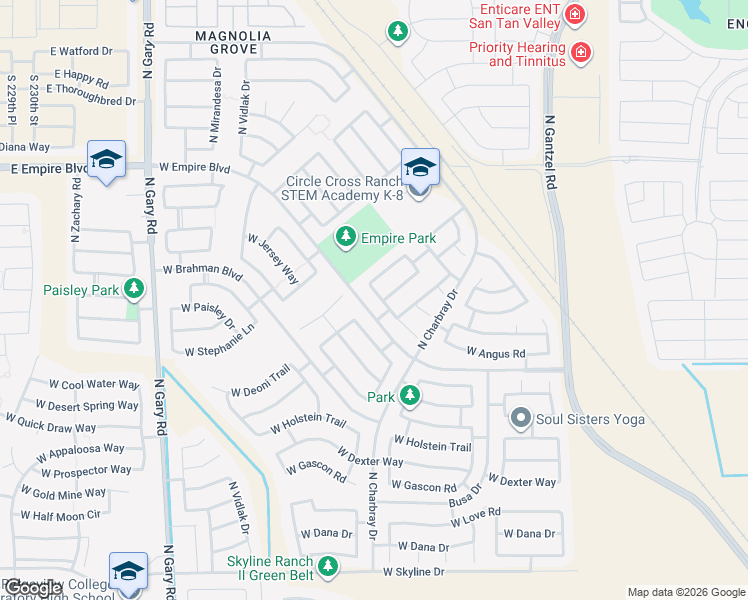 map of restaurants, bars, coffee shops, grocery stores, and more near 581 West Angus Road in San Tan Valley