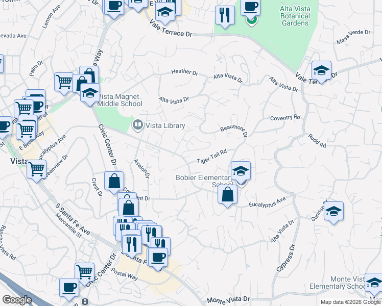 map of restaurants, bars, coffee shops, grocery stores, and more near 996 Marlin Drive in Vista