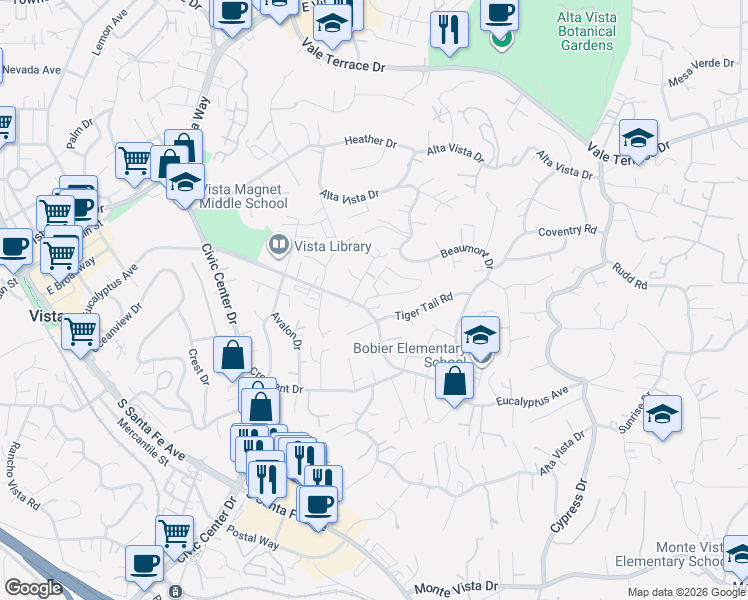 map of restaurants, bars, coffee shops, grocery stores, and more near 996 Marlin Drive in Vista