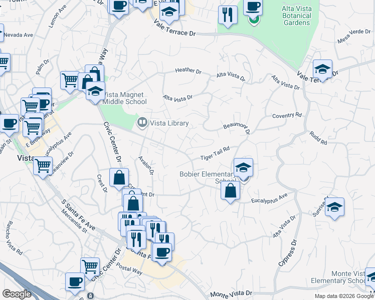 map of restaurants, bars, coffee shops, grocery stores, and more near 996 Marlin Drive in Vista