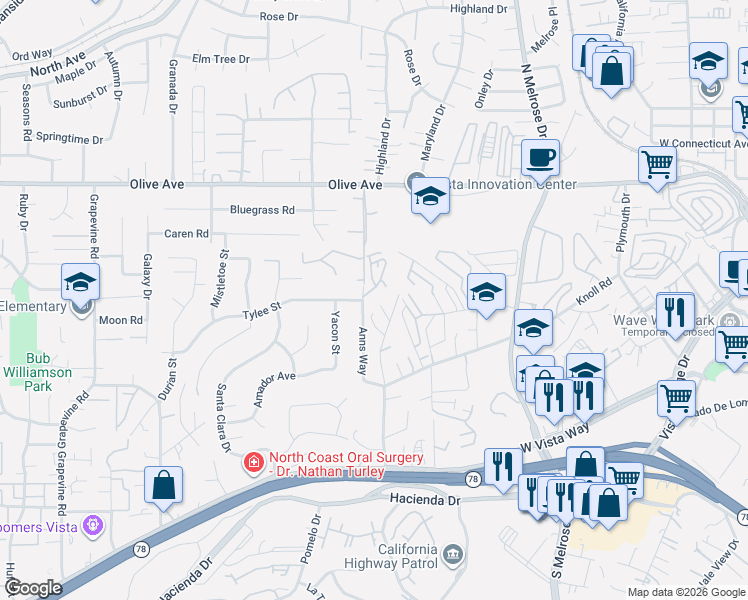map of restaurants, bars, coffee shops, grocery stores, and more near 388 Delta Lane in Vista