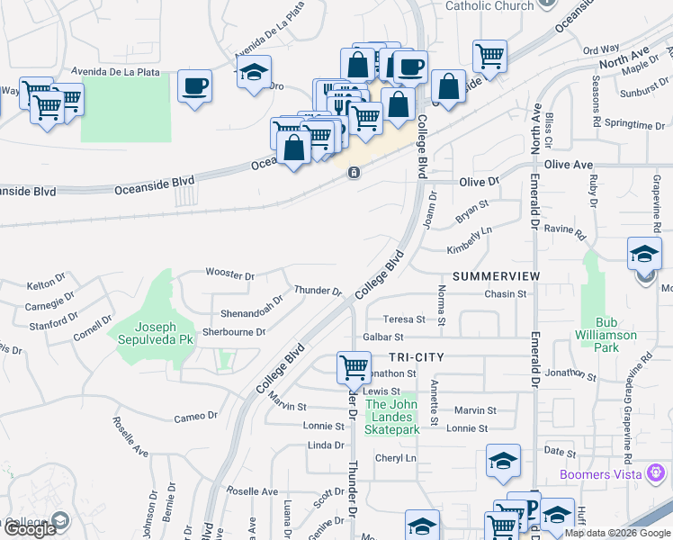 map of restaurants, bars, coffee shops, grocery stores, and more near 4080 Wooster Drive in Oceanside