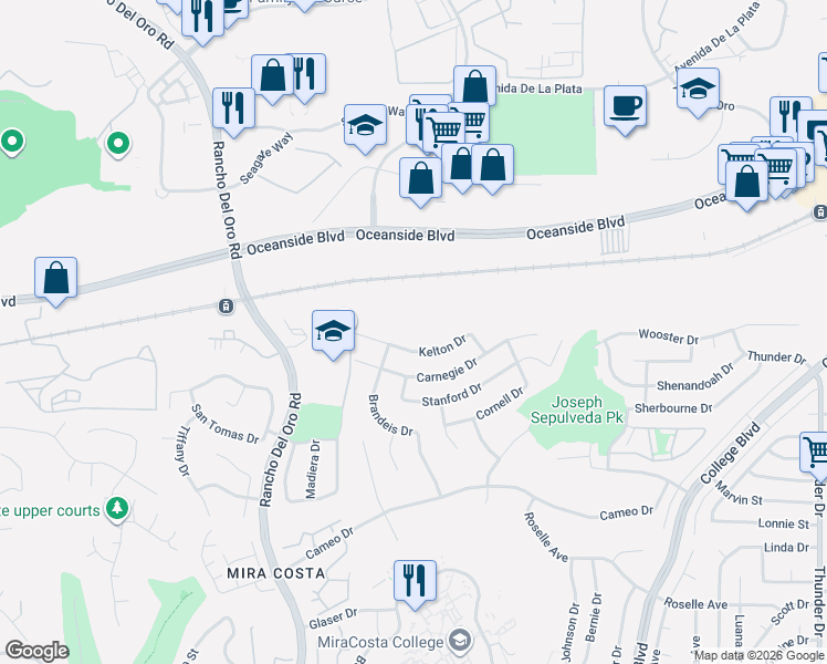 map of restaurants, bars, coffee shops, grocery stores, and more near 3742 Kelton Drive in Oceanside