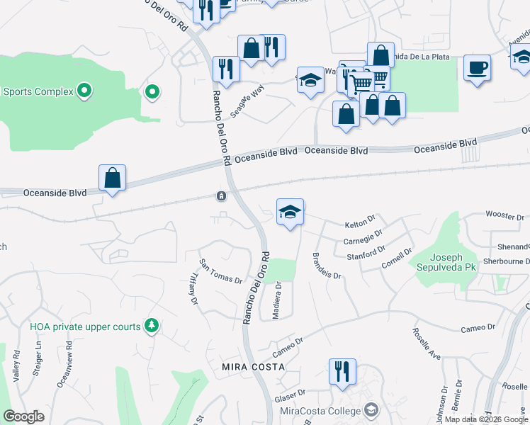 map of restaurants, bars, coffee shops, grocery stores, and more near 100 Sea Cliff Way in Oceanside