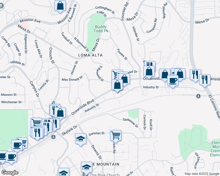 map of restaurants, bars, coffee shops, grocery stores, and more near 537 South Barnwell Street in Oceanside