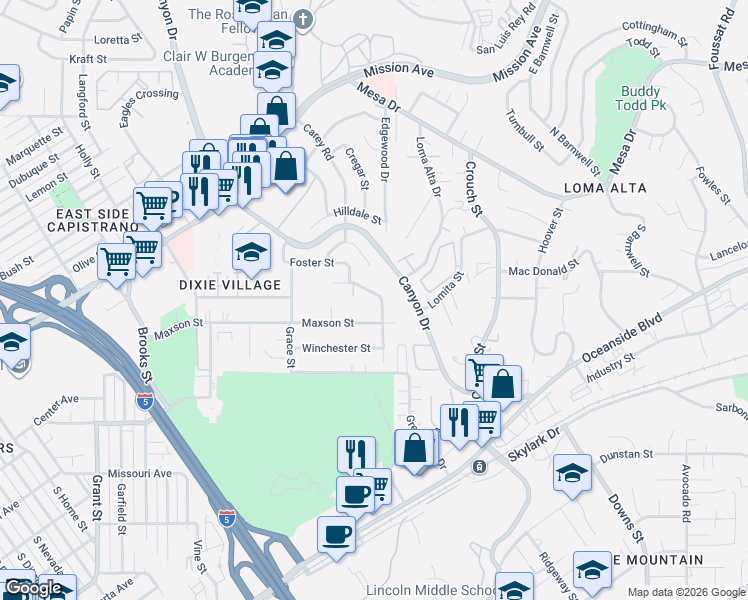 map of restaurants, bars, coffee shops, grocery stores, and more near 2271 Saratoga Street in Oceanside
