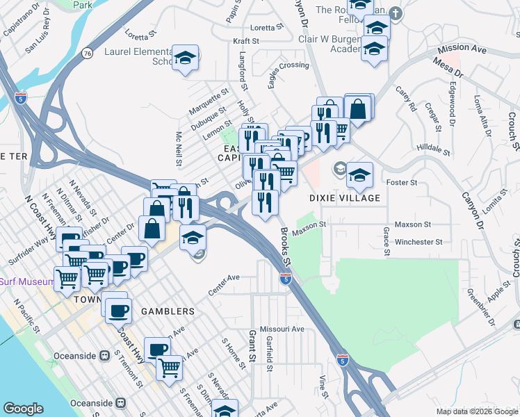 map of restaurants, bars, coffee shops, grocery stores, and more near 107 N Brooks Street in Oceanside