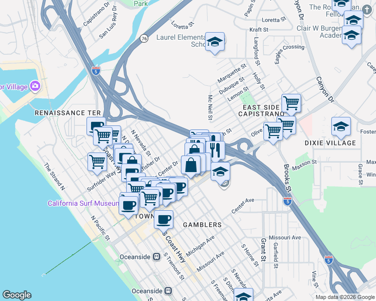 map of restaurants, bars, coffee shops, grocery stores, and more near 421 North Weitzel in Oceanside