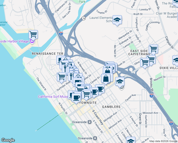 map of restaurants, bars, coffee shops, grocery stores, and more near 521 North Clementine Street in Oceanside