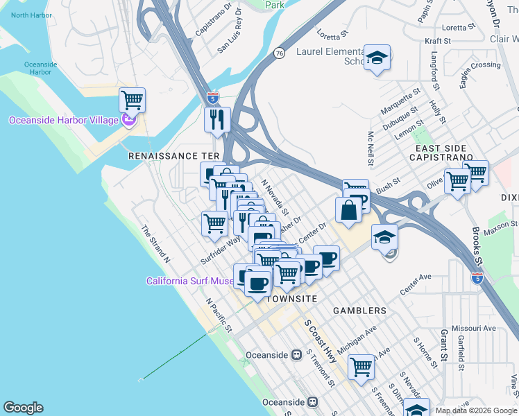 map of restaurants, bars, coffee shops, grocery stores, and more near 614 North Ditmar Street in Oceanside