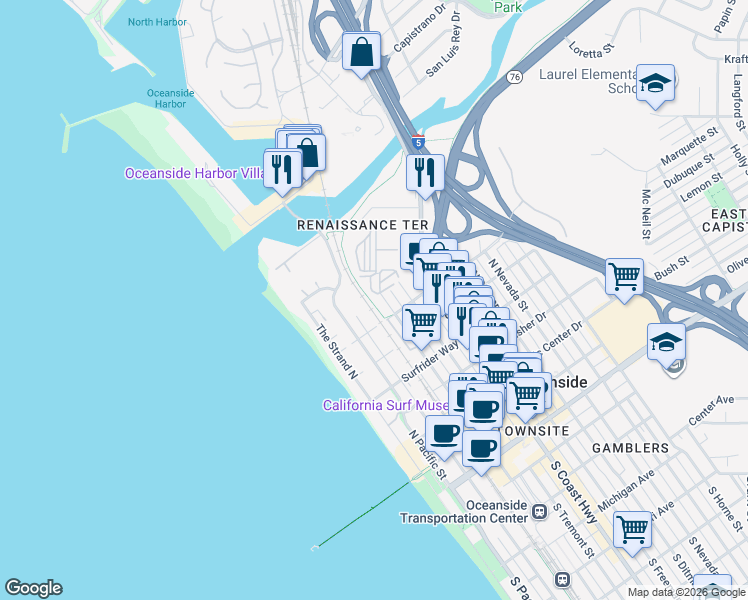 map of restaurants, bars, coffee shops, grocery stores, and more near 910n North Pacific Street in Oceanside