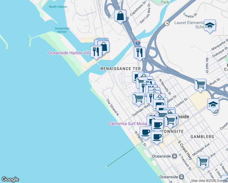 map of restaurants, bars, coffee shops, grocery stores, and more near 910n North Pacific Street in Oceanside