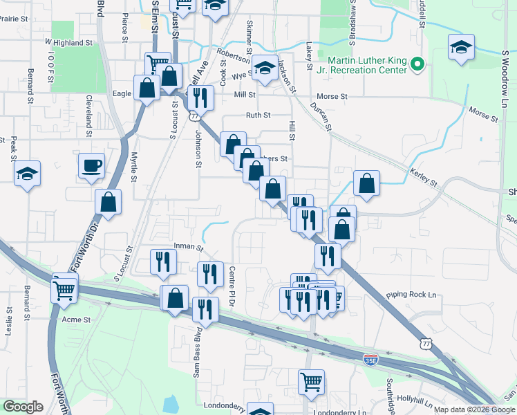 map of restaurants, bars, coffee shops, grocery stores, and more near 714 Dallas Drive in Denton
