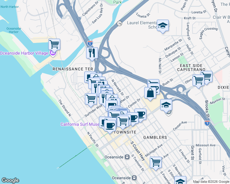 map of restaurants, bars, coffee shops, grocery stores, and more near 614 North Ditmar Street in Oceanside