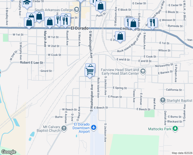 map of restaurants, bars, coffee shops, grocery stores, and more near 925 Rock Island Avenue in El Dorado