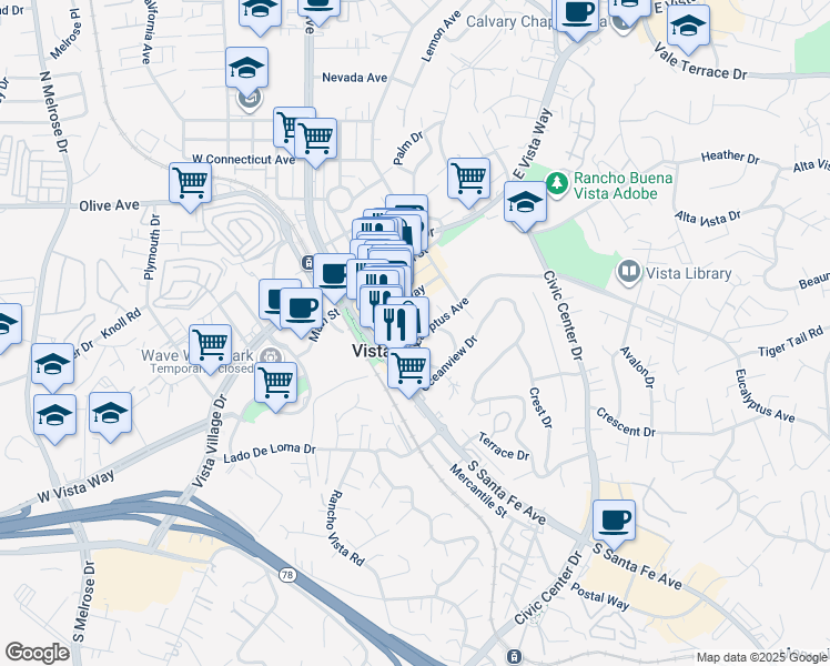 map of restaurants, bars, coffee shops, grocery stores, and more near 201 East Broadway in Vista