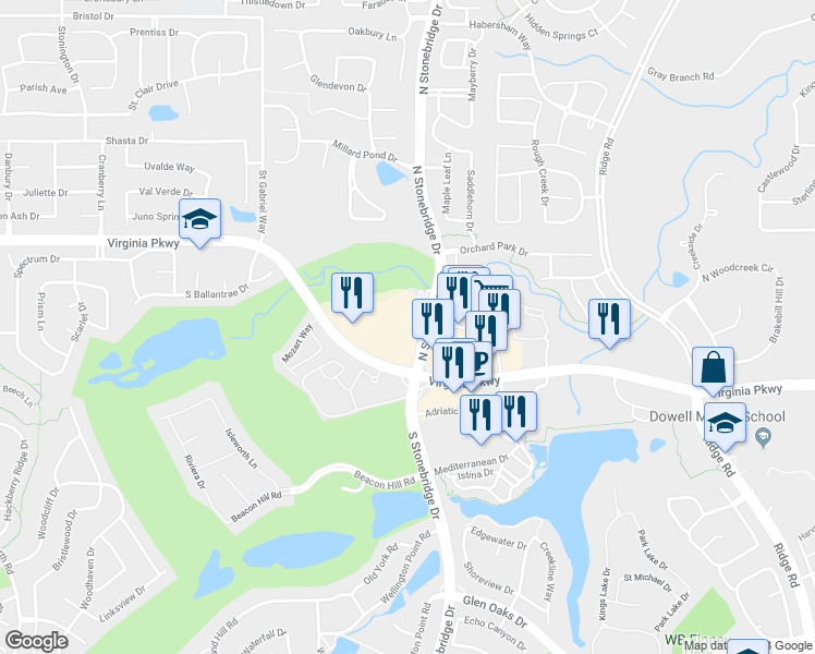 map of restaurants, bars, coffee shops, grocery stores, and more near 195 North Stonebridge Drive in McKinney