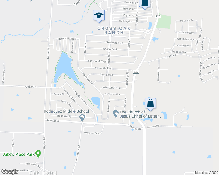 map of restaurants, bars, coffee shops, grocery stores, and more near 8732 Whirlwind Trail in Aubrey