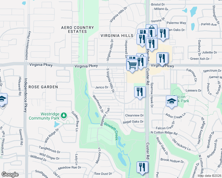 map of restaurants, bars, coffee shops, grocery stores, and more near 575 Virginia Hills Drive in McKinney