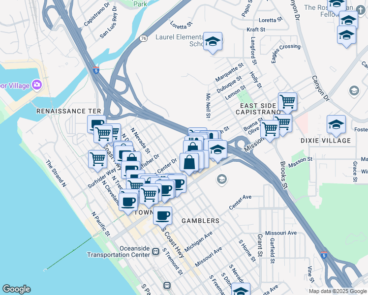 map of restaurants, bars, coffee shops, grocery stores, and more near 1100 Civic Center Drive in Oceanside