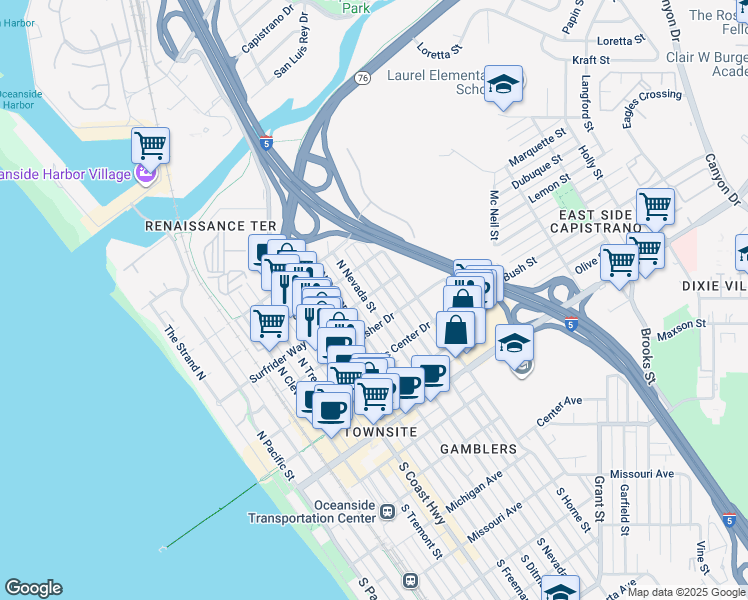 map of restaurants, bars, coffee shops, grocery stores, and more near 520 North Nevada Street in Oceanside