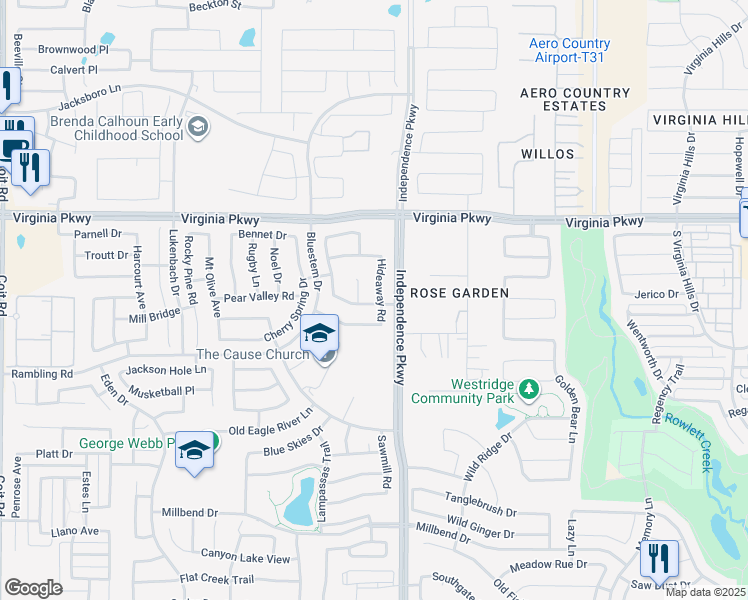 map of restaurants, bars, coffee shops, grocery stores, and more near 424 Hideaway Road in McKinney