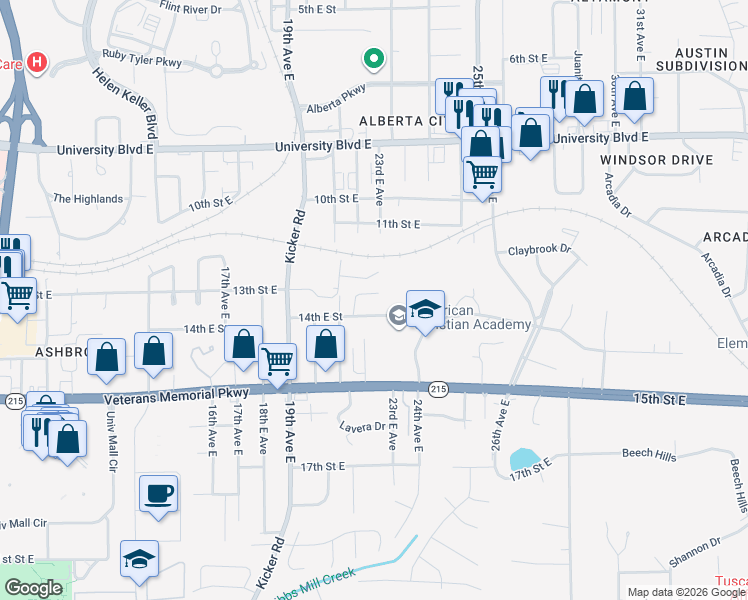 map of restaurants, bars, coffee shops, grocery stores, and more near 1300 Royal Oaks Court in Tuscaloosa